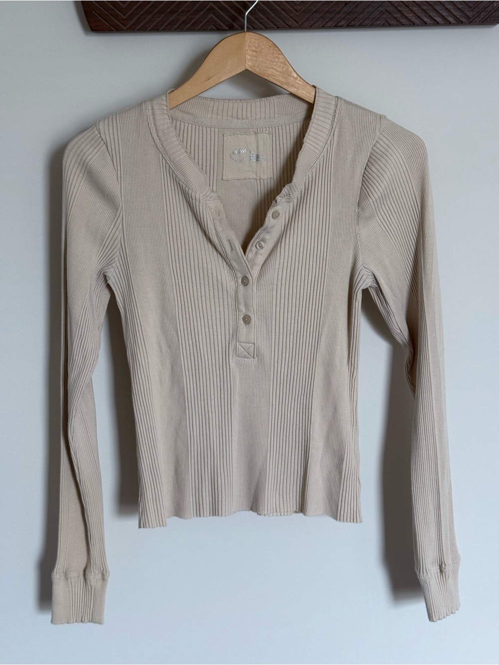Aerie Road Trip Ribbed Knit Henley Long Sleeve Top Cappuccino Tan Large - Picture 2 of 11